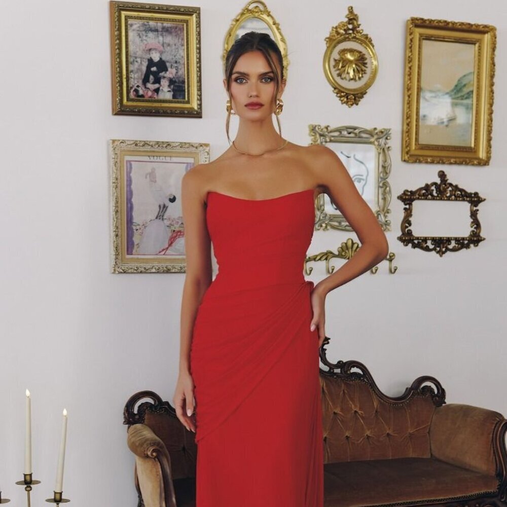 New Red Strapless Lightweight Chiffon Evening Dress w/Ruched Design CD T726